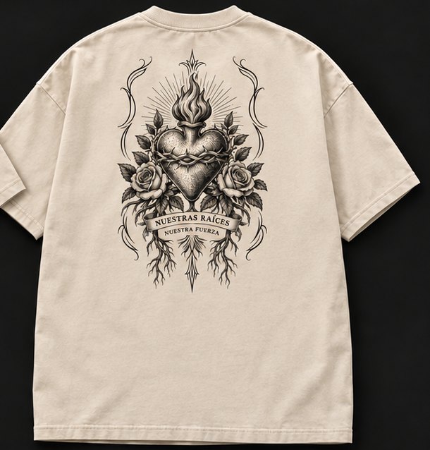 Bone tee, back: sacred heart with roses and the banner Nuestras Raíces