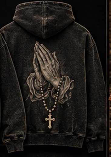 Washed black hoodie, back: praying hands with rosary